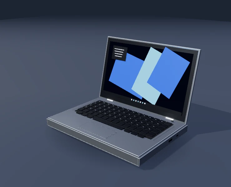 Model laptop aluminium terbuka dengan layar, keyboard, dan komponen internal yang dapat dipisahkan