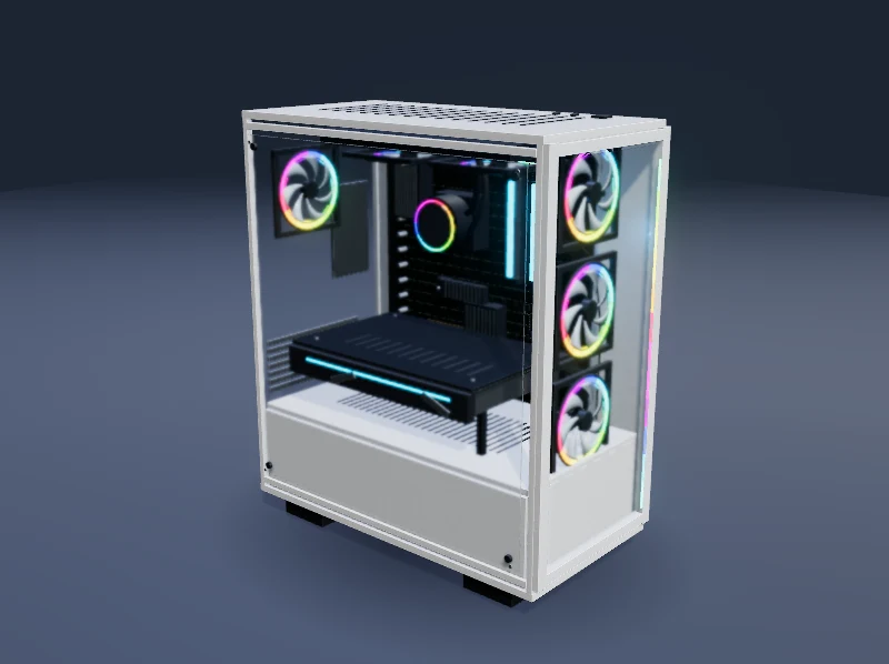 Model PC putih dengan panel kaca, komponen internal, dan kipas RGB