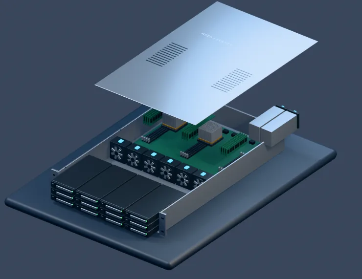 Server rack 2U dengan penutup terangkat, dual heatsink CPU, RAM ECC, drive bay, kipas, dan PSU redundan